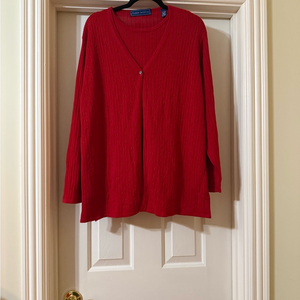 Karen Scott II Red Ribbed Knit Cardigan Sweater